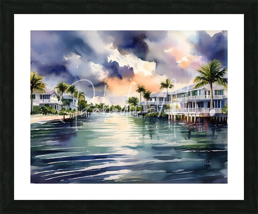 Watercolor painting of florida keys coastal scene with palm trees and waterfront houses under dramatic sky framed in black