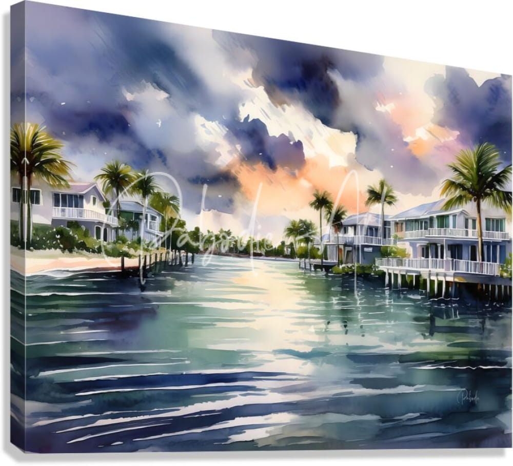Watercolor painting on canvas titled life in the florida keys depicting white houses palm trees and tropical waterfront scene