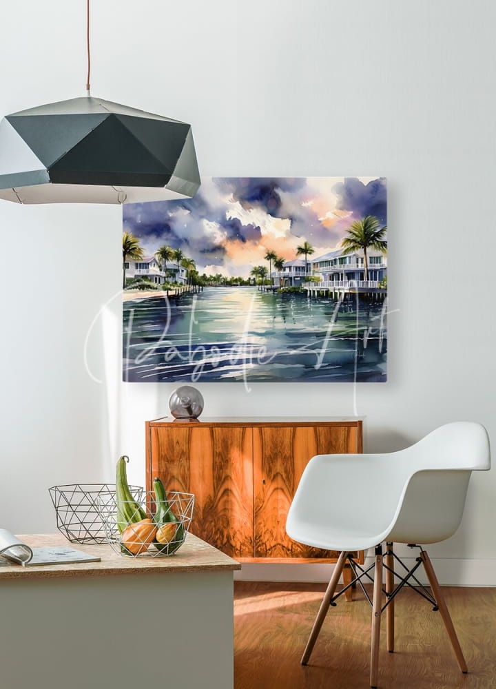 Watercolor painting of a tropical waterfront with palm trees and houses under a dramatic sky titled life in the florida keys