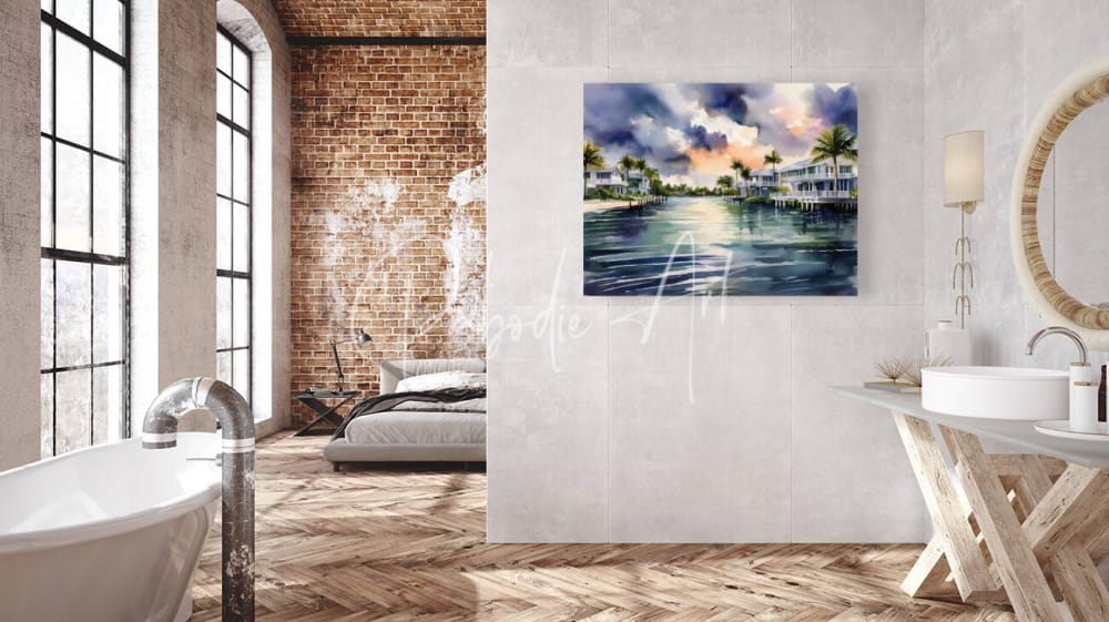 Watercolor painting of tropical waterfront scene with palm trees and houses under dramatic sky for wall decor
