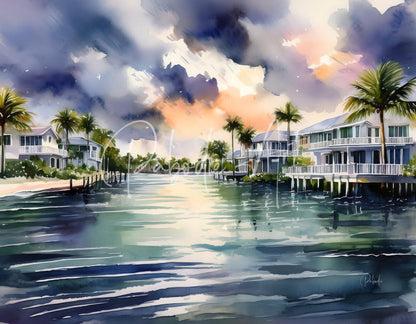 Watercolor painting life in the florida keys with pastel blue and white houses palm trees and reflective water under clouds