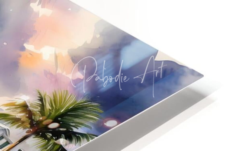 A sleek modern acrylic print of a watercolor tropical sunset with palm trees in soft orange pink and blue hues