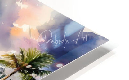 A sleek modern acrylic print of a watercolor tropical sunset with palm trees in soft orange pink and blue hues