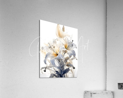 A rectangular acrylic print titled lillies ink wash featuring a watercolor bouquet of lilies in white yellow and blue tones