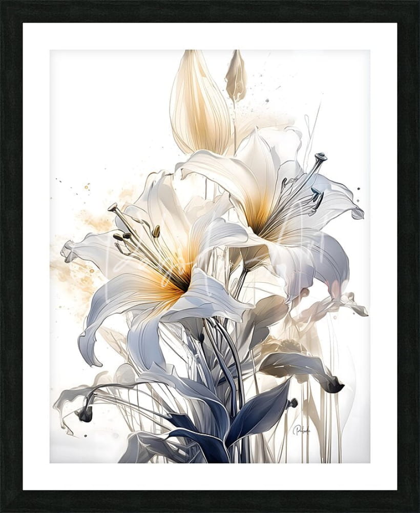 A framed lillies ink wash artwork featuring delicate white lilies with soft yellow centers in watercolor style