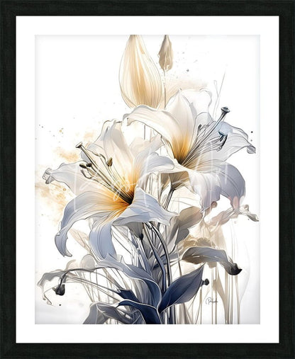 A framed lillies ink wash artwork featuring delicate white lilies with soft yellow centers in watercolor style