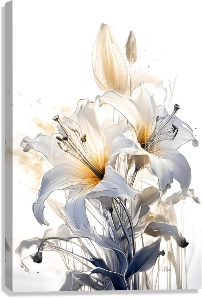 A canvas print titled lillies ink wash featuring white lilies with yellow centers in an elegant watercolor style