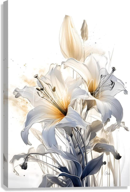 A canvas print titled lillies ink wash featuring white lilies with yellow centers in an elegant watercolor style