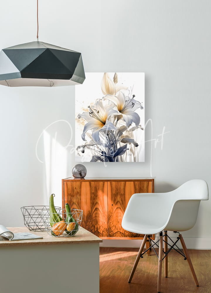 A modern canvas print titled Lillies Ink Wash featuring watercolor white and pale yellow lilies with grayish-blue accents
