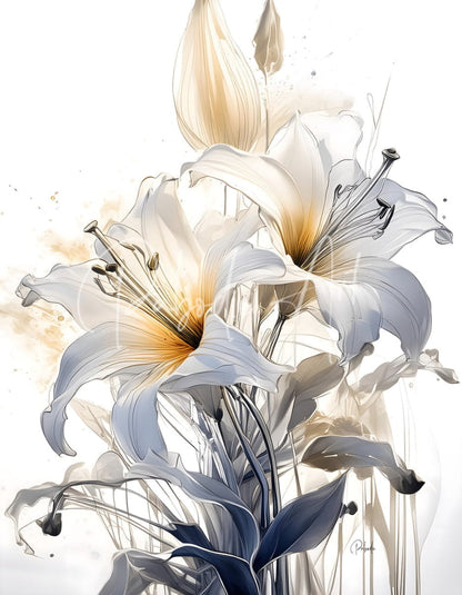 Elegant white lilies with yellow centers and gray blue accents in a watercolor style illustration for lillies ink wash