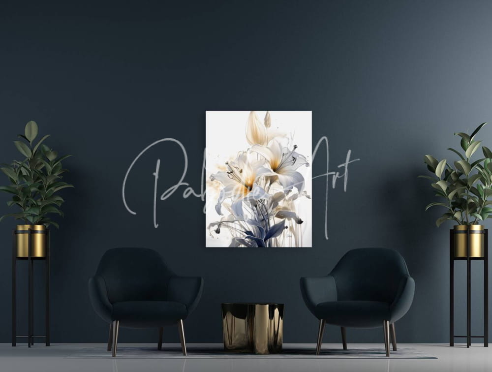 A modern canvas print titled lillies ink wash featuring delicate white and pale yellow lilies with soft watercolor washes on a dark wall