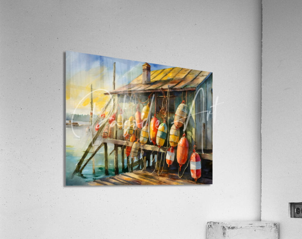 Acrylic print of a vibrant watercolor painting featuring colorful buoy floats hanging from a weathered dockside shack