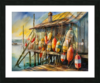 A watercolor painting of colorful lobster buoy floats hanging from a wooden dock beside a blue boathouse