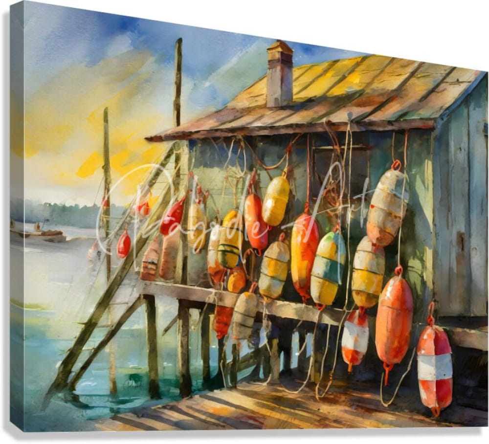 A vibrant watercolor painting of colorful buoy floats hanging from a weathered wooden dockside shack lobster buoy shack