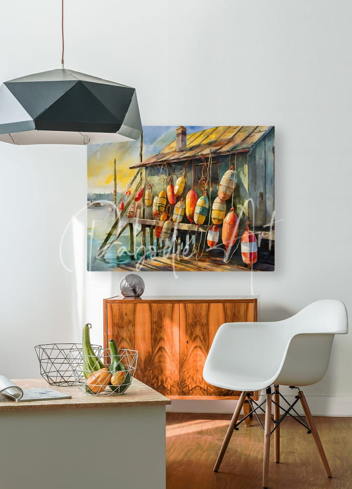 A vibrant canvas painting of a rustic wooden lobster buoy shack with colorful striped floats on its porch