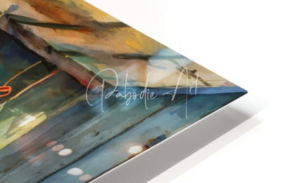 Abstract painting on white acrylic float featuring blended blue orange and green strokes with subtle bokeh dots lobster buoy shack