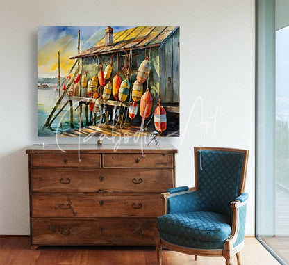 Watercolor painting of a rustic wooden dock with colorful buoy floats hanging from ropes in lobster buoy shack
