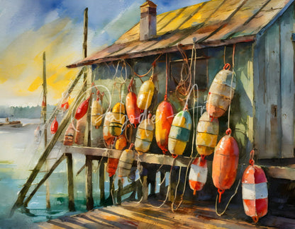 A collection of colorful buoyant fishing floats hanging on ropes at the lobster buoy shack wooden dockside building