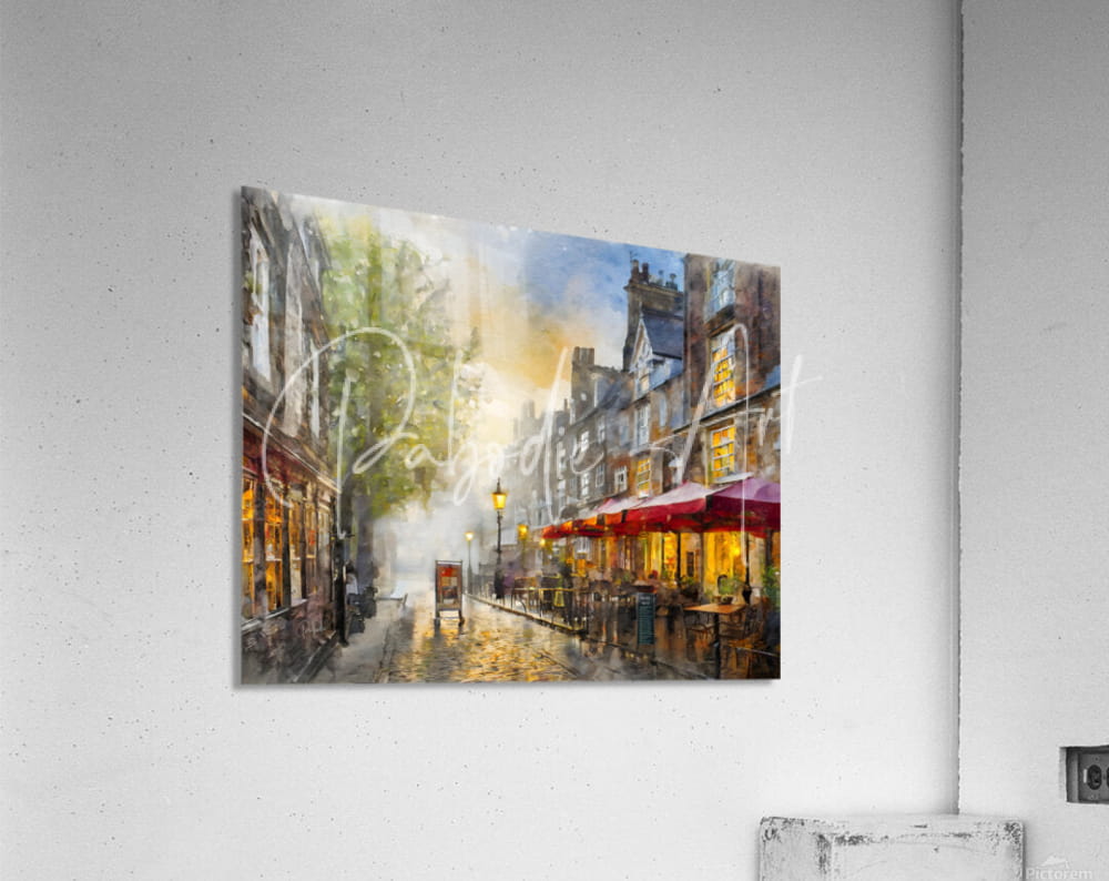 Watercolor painting of a London England city street scene on a colorful acrylic print wall art