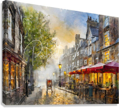 Watercolor painting on canvas of a london england city street with cobblestones historic buildings and red umbrella cafes