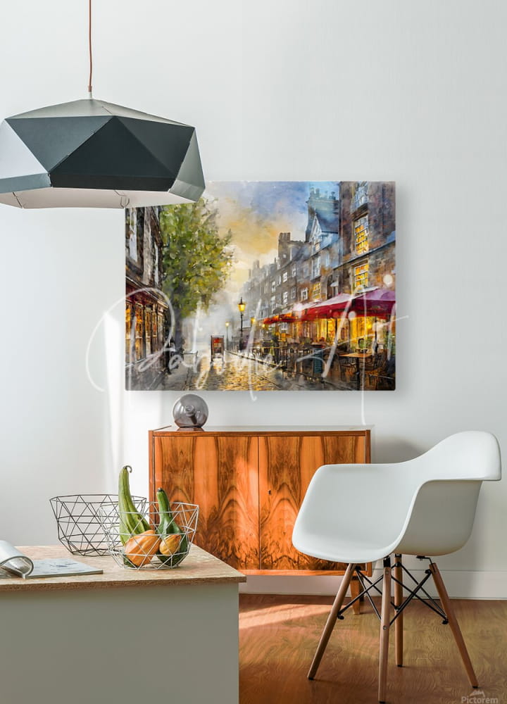 A vibrant impressionistic painting of a london england city street with warm yellow and red awnings on the wall