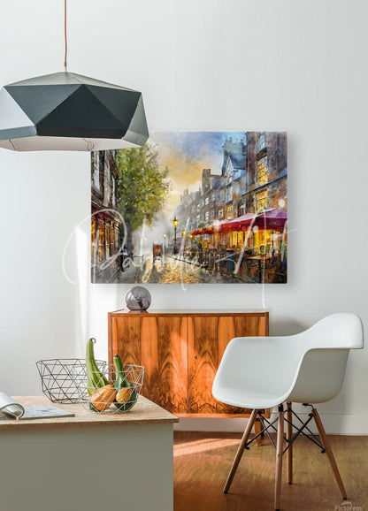 A vibrant impressionistic painting of a london england city street with warm yellow and red awnings on the wall