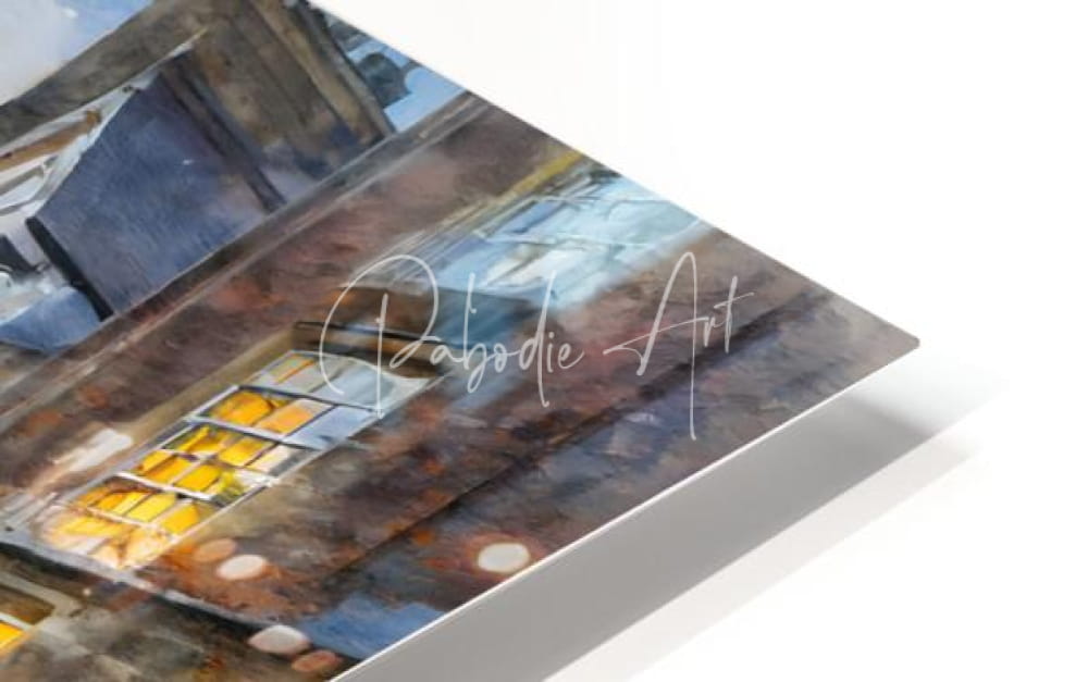 Watercolor painting of a brick building with illuminated windows displayed on an acrylic float frame titled london england city street