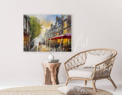 Woven rattan armchair with light beige cushion and matching pillow on a London England city street background