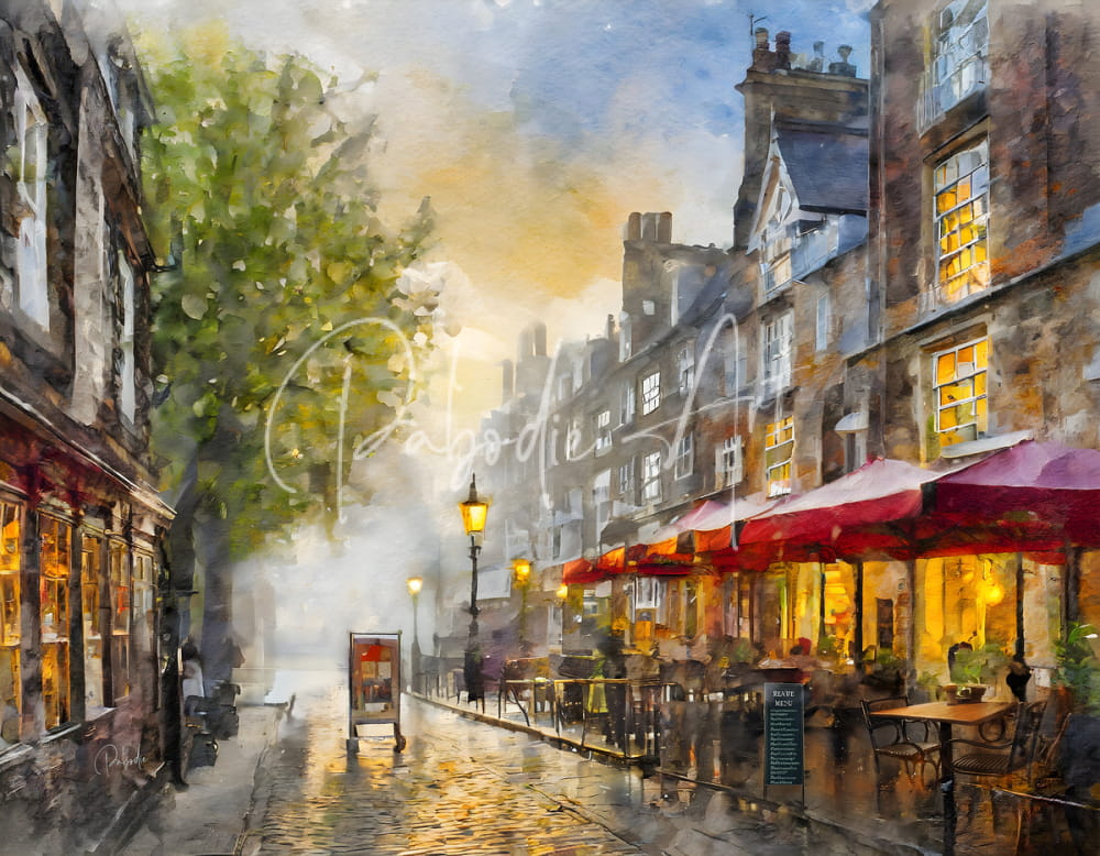 Watercolor painting of london england city street with cobblestones historic stone buildings and red awnings over cafes