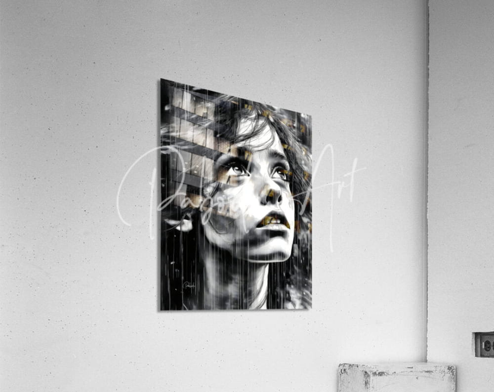 Black-and-white acrylic print titled looking out at the rain featuring a stylized woman portrait with expressive eyes and layered texture