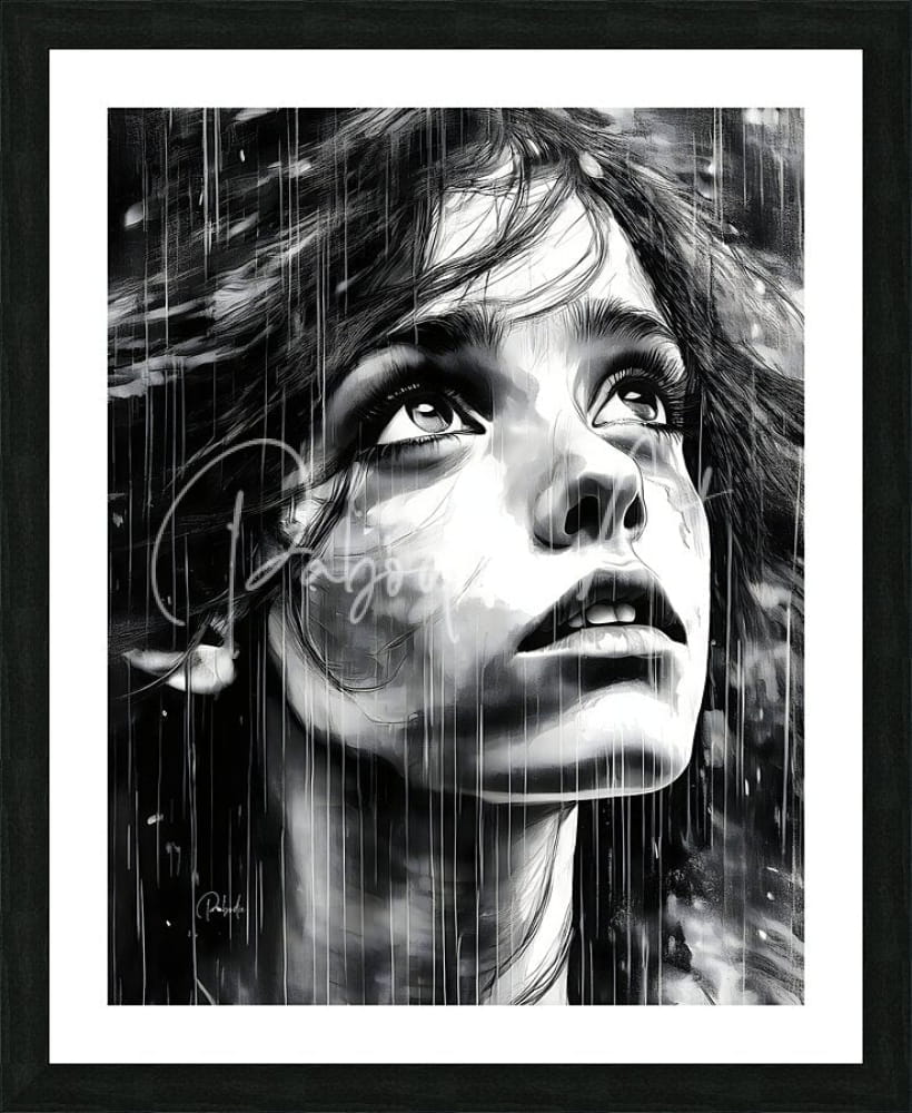 Black-and-white framed artwork titled looking out at the rain depicting a woman’s face in rain signed by the artist
