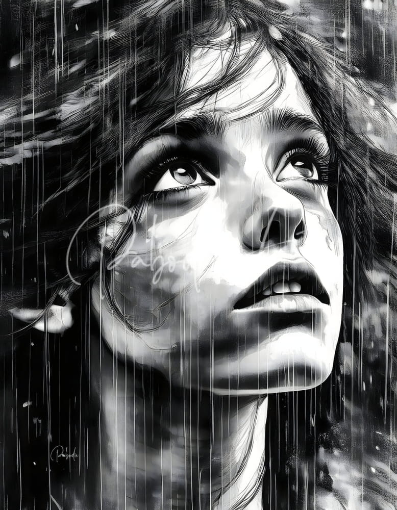 A monochromatic charcoal sketch titled Looking Out At The Rain features a woman’s face with vertical rain streaks