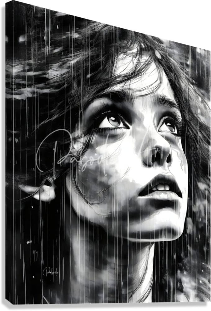 Black-and-white canvas print titled looking out at the rain with a detailed portrait of a woman and rain streaks
