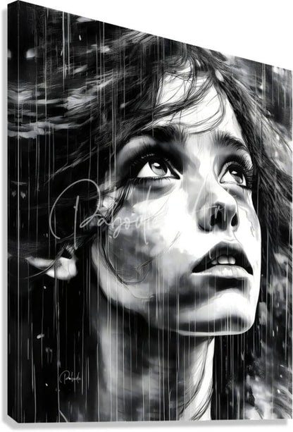 Black-and-white canvas print titled looking out at the rain with a detailed portrait of a woman and rain streaks