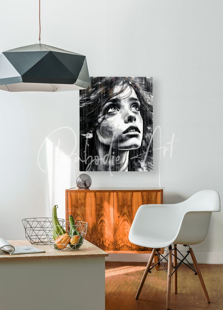 Black-and-white portrait canvas titled looking out at the rain featuring a woman’s face with rain effects on a white wall