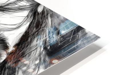 A sleek modern art print titled looking out at the rain with black and white flowing hair and blue gray accents