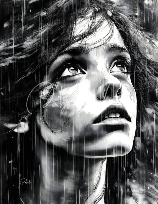 A monochromatic charcoal sketch art titled looking out at the rain featuring a woman’s face with vertical rain streaks