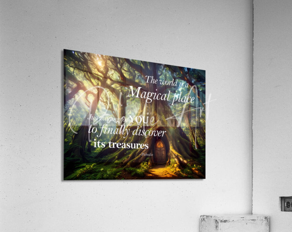 A rectangular acrylic print titled magical treasures featuring a forest scene with sunlight and an inspiring quote