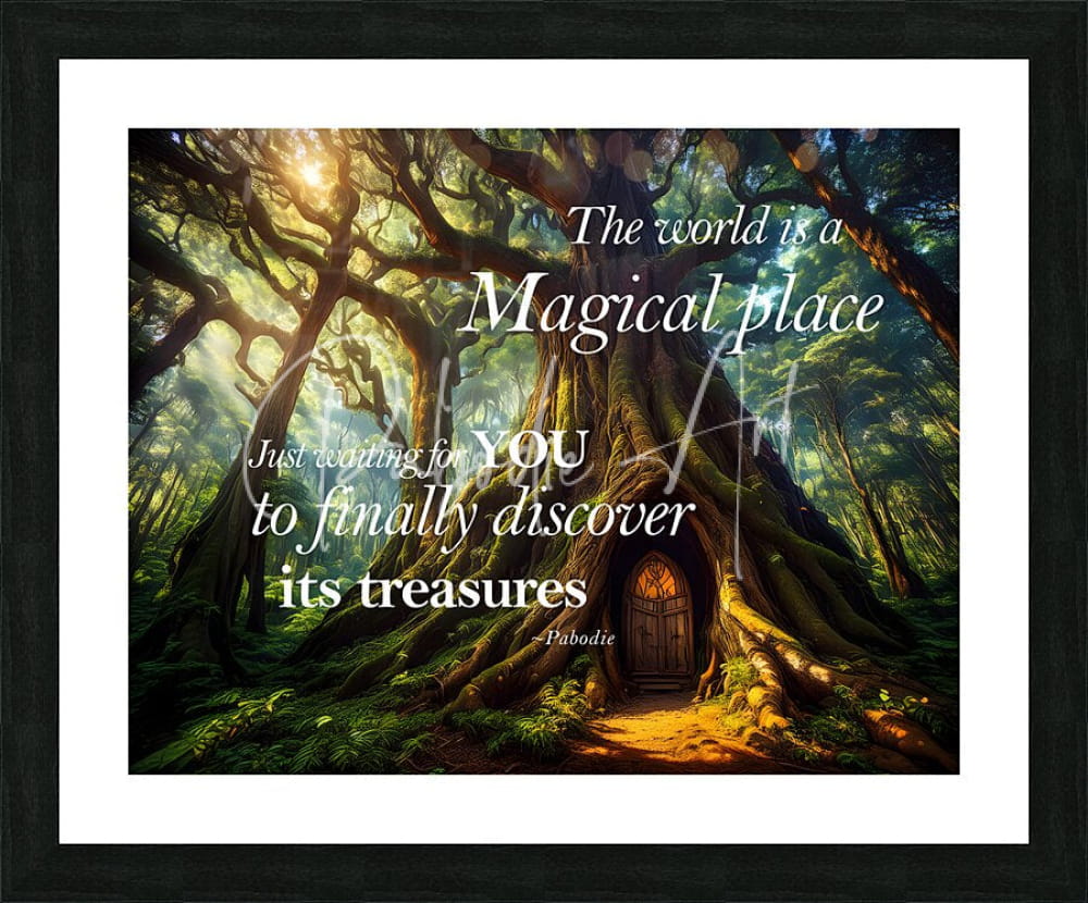 A framed print titled magical treasures depicting a mystical forest with an arched wooden door and golden sunlight