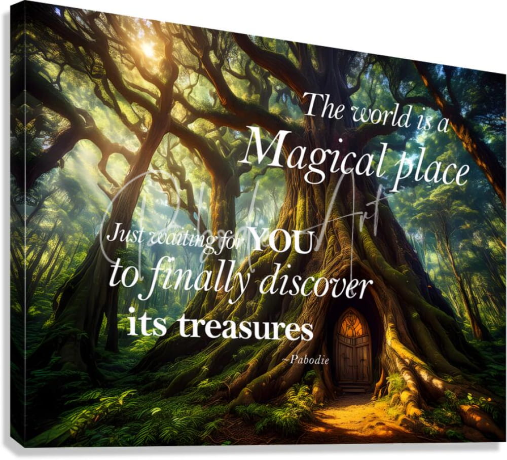 A framed canvas print titled magical treasures showing a mystical forest with glowing sunlight and an arched wooden door