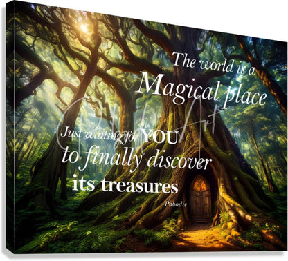 A framed canvas print titled magical treasures showing a mystical forest with glowing sunlight and an arched wooden door