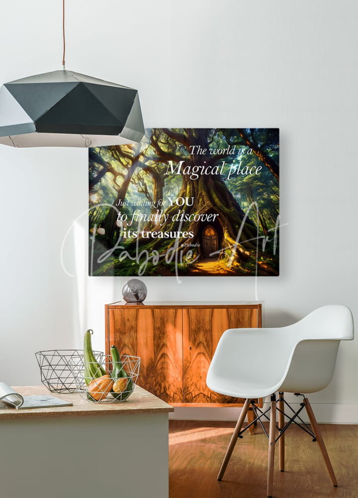 A framed canvas print titled magical treasures featuring a mystical forest scene with an arched doorway and elegant white text