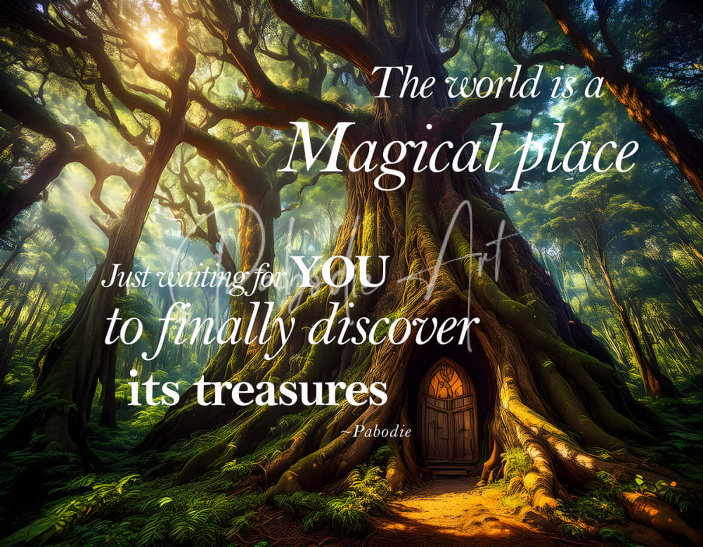 A rustic wooden door with an arched stained glass window set within gnarled roots in magical treasures collection