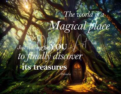 A rustic wooden door with an arched stained glass window set within gnarled roots in magical treasures collection