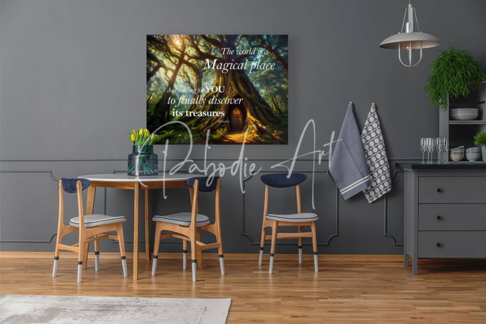A framed canvas print titled magical treasures featuring a magical forest with an enchanted door and text the world is a magical place