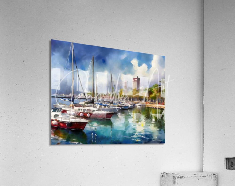 Watercolor-style print of marina del rey harbor with sailboats and city skyline on acrylic wall mount
