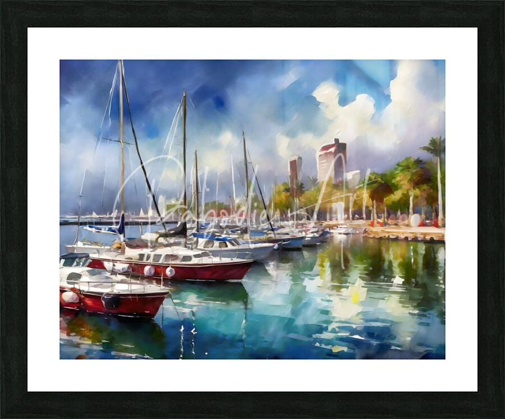 Framed watercolor painting of sailboats docked in a marina under a cloudy sky titled marina del rey