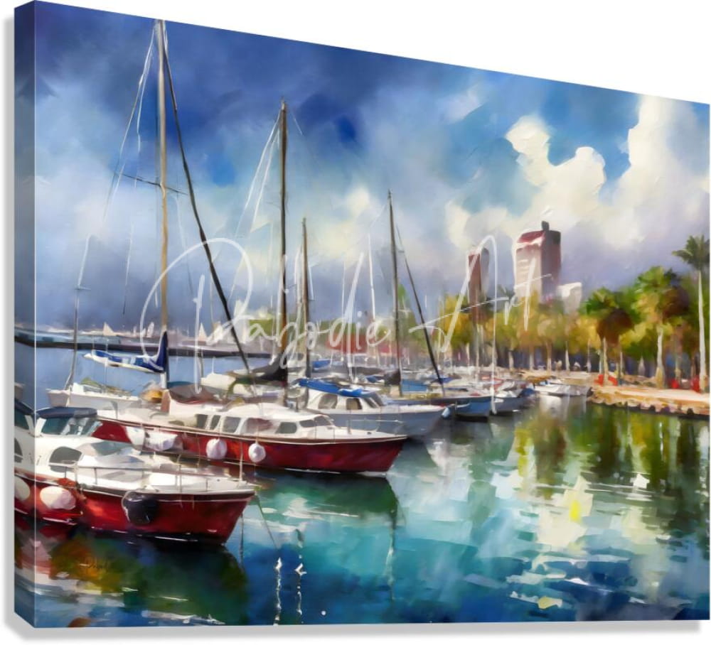 Vibrant watercolor canvas print of sailboats docked in a harbor under a dynamic sky titled Marina Del Rey