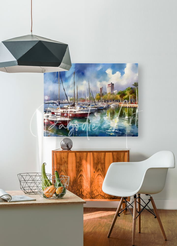 Watercolor painting on canvas of marina del rey harbor with boats and city skyline in soft vibrant colors