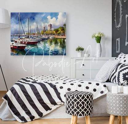 Watercolor painting on canvas of marina del rey harbor with sailboats and vibrant city skyline in blues reds and greens